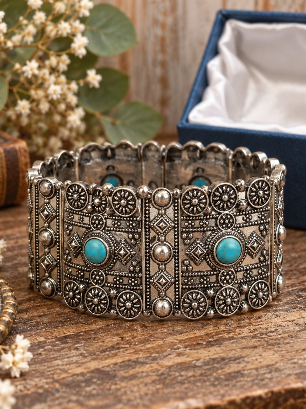 Boho Turquoise Statement Bracelet Heavy Silver Tone Wide Panel Cuff